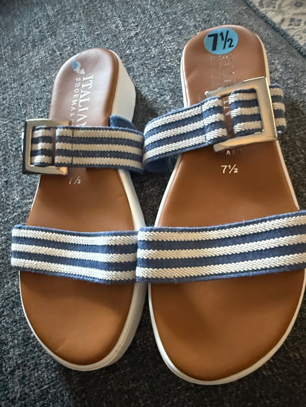 Italian Shoemakers Blue and White Striped Slide Sandals 7.5